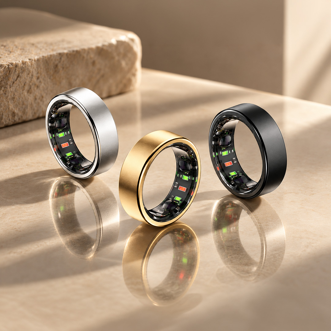 SENOVA smart rings in Deep Gray, Rose Gold, and Silver